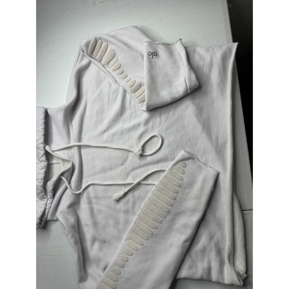 Alo Yoga Womens White Cropped Hoodie Beaded Sleeve Detail Raw Hem Pullover